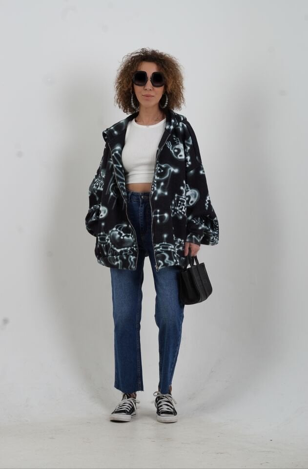 Soyut Desenli Fermuarlı Kapüşonlu Sweatshirt