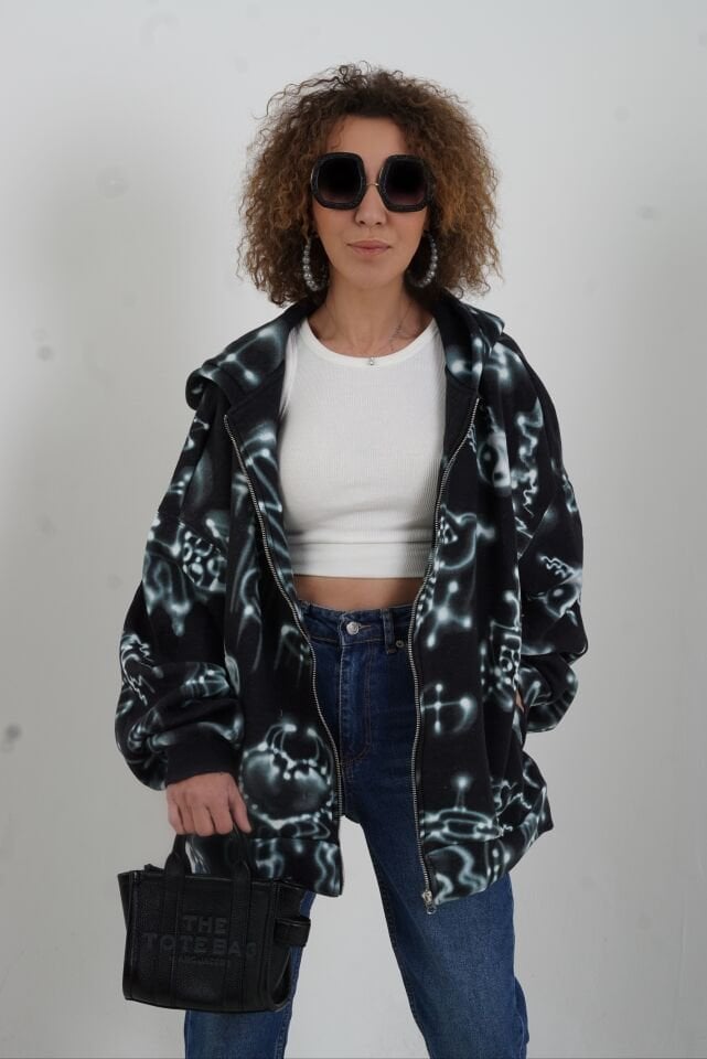 Soyut Desenli Fermuarlı Kapüşonlu Sweatshirt