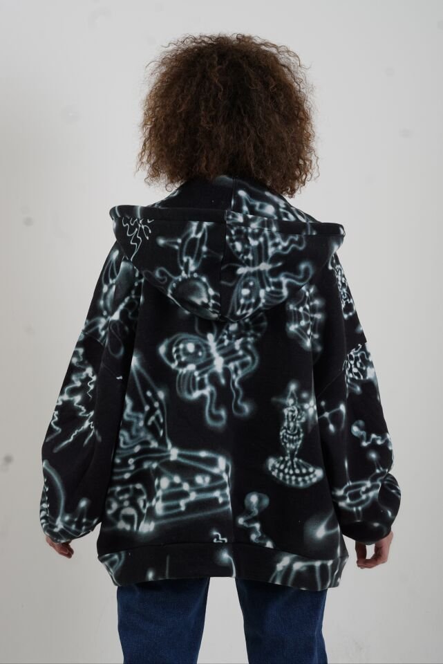 Soyut Desenli Fermuarlı Kapüşonlu Sweatshirt