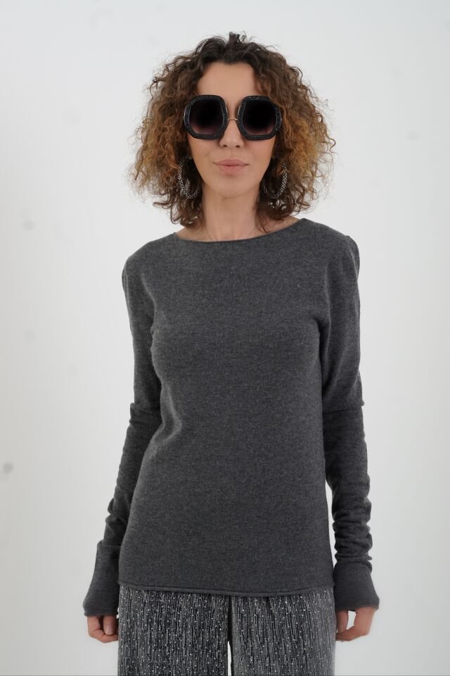 Füme Melanj Kayık Yaka Kaşmirli Triko Kazak