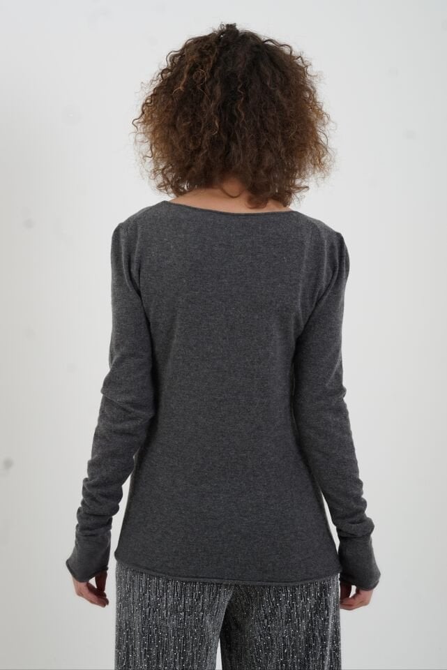 Füme Melanj Kayık Yaka Kaşmirli Triko Kazak