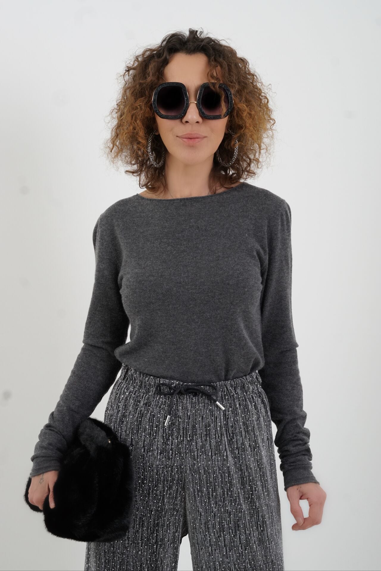 Füme Melanj Kayık Yaka Kaşmirli Triko Kazak