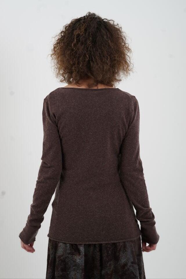 Kahve Melanj Kayık Yaka Kaşmirli Triko Kazak