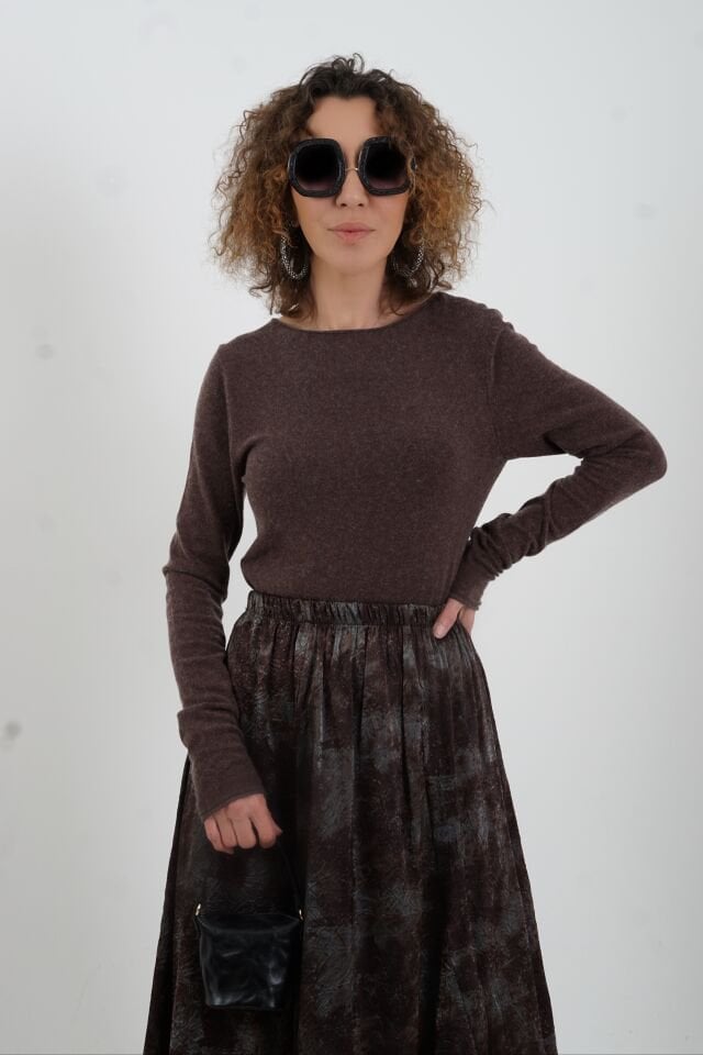 Kahve Melanj Kayık Yaka Kaşmirli Triko Kazak