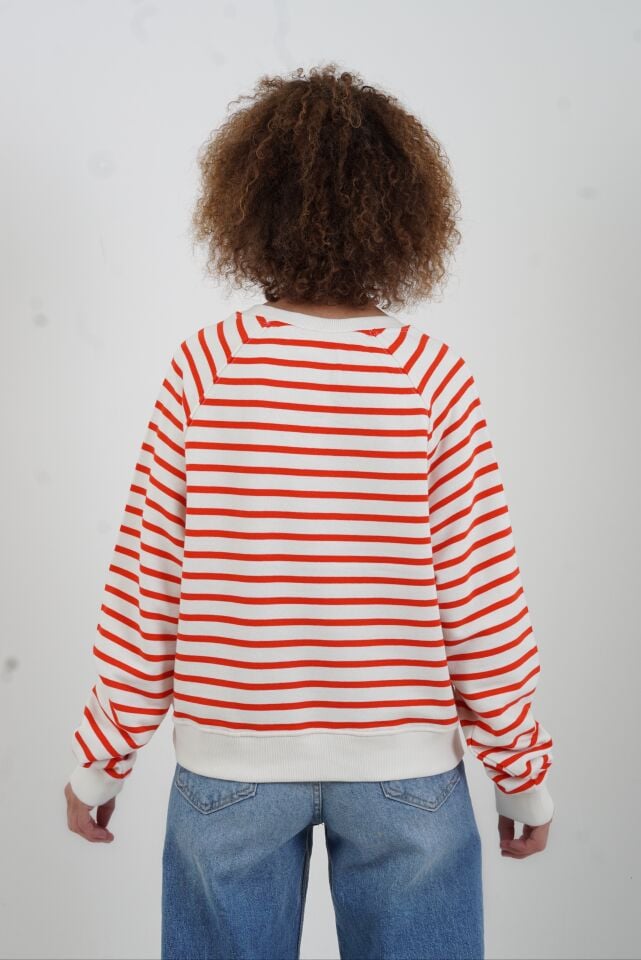 Kırmızı Çizgili Bisiklet Yaka Sweatshirt