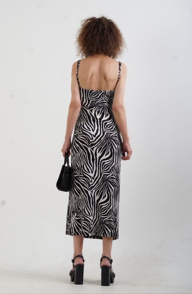 Zebra Desen Askılı Büzgülü Yırtmaçlı Elbise
