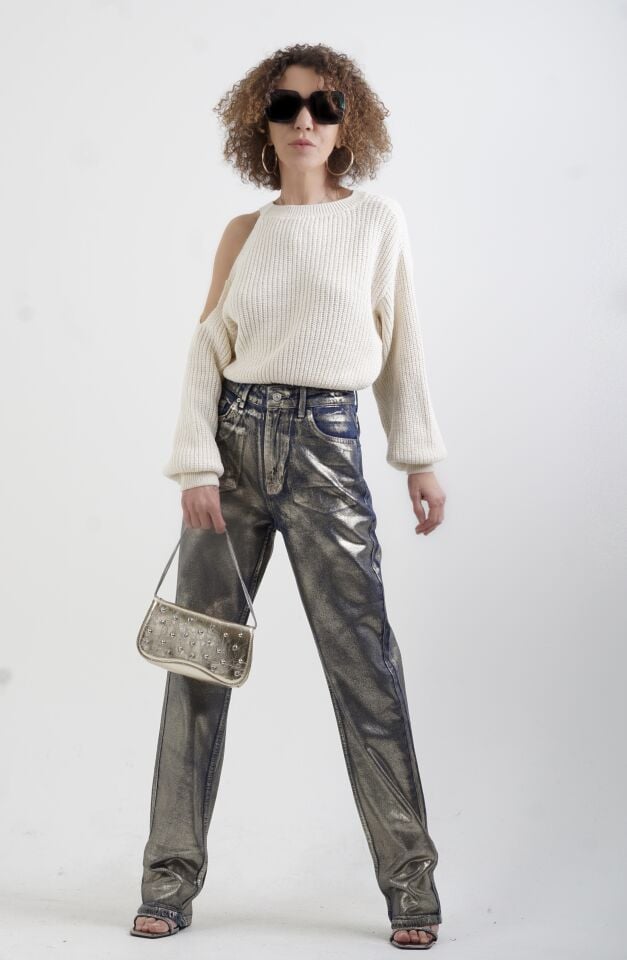 Gold Varak Baskılı Stright Jean Pantolon