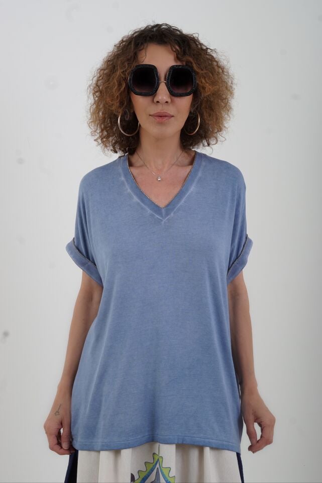 İndigo Gold Çizgili V Yaka Yıkamalı Modal Tshirt