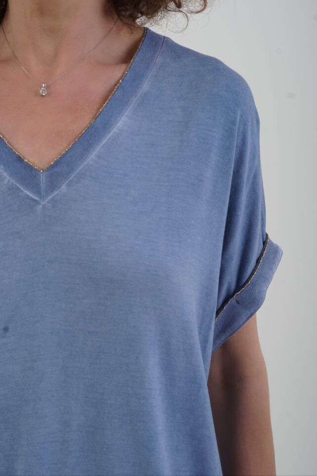 İndigo Gold Çizgili V Yaka Yıkamalı Modal Tshirt