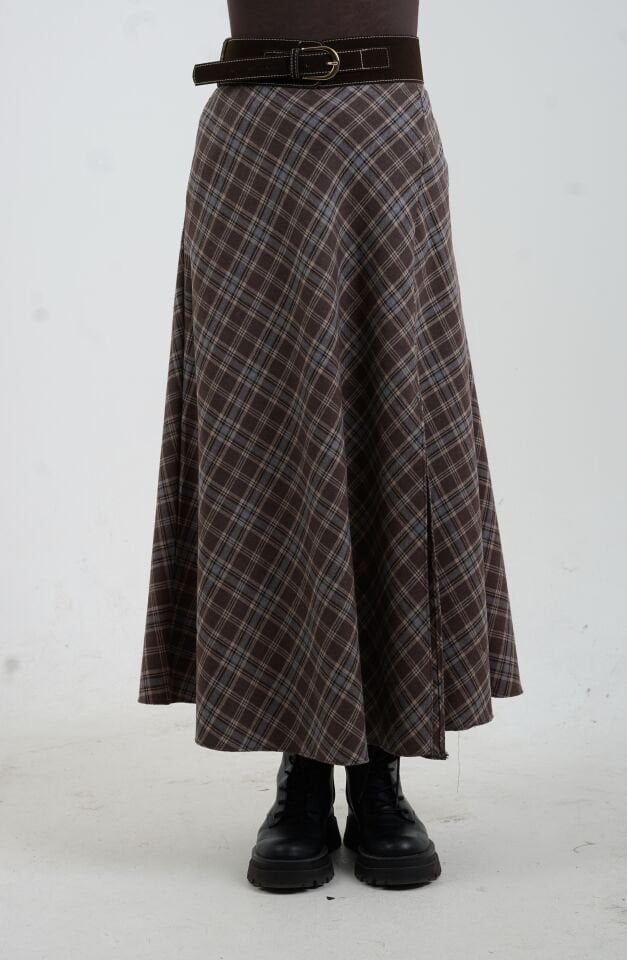 Kahve Gri Kemerli Yırtmaçlı Ekose Etek