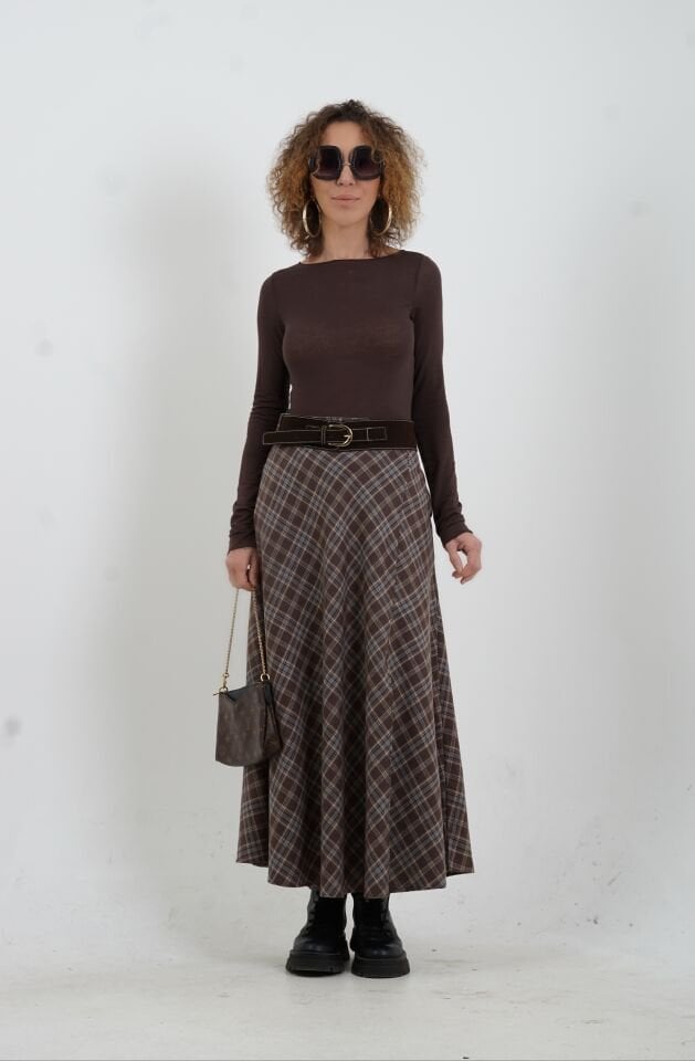 Kahve Gri Kemerli Yırtmaçlı Ekose Etek