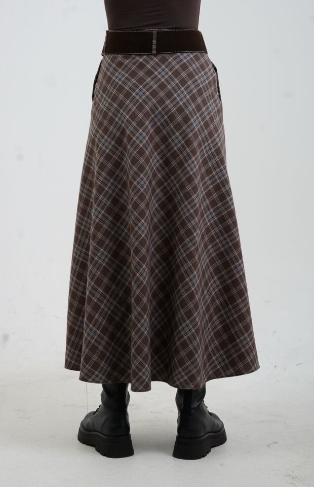 Kahve Gri Kemerli Yırtmaçlı Ekose Etek