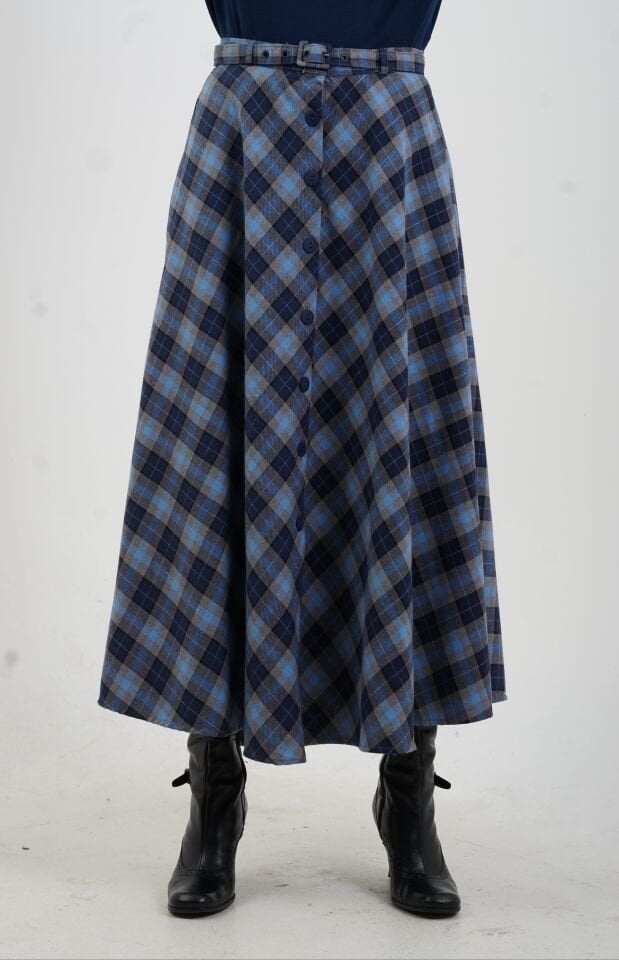 Lacivert Gri Önü Düğmeli Ekose Etek