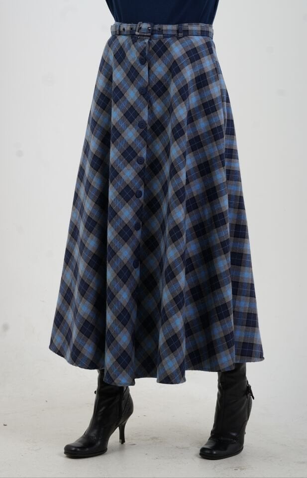 Lacivert Gri Önü Düğmeli Ekose Etek