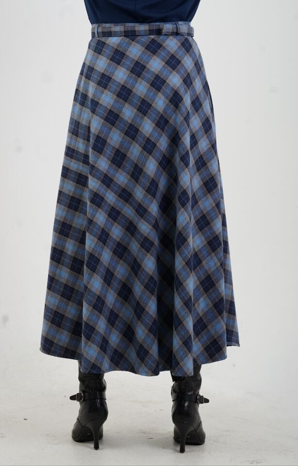 Lacivert Gri Önü Düğmeli Ekose Etek