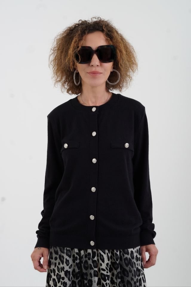 Siyah Flato Cepli Düğmeli Hırka