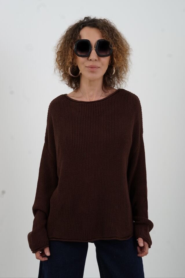 Kahve Kayık Yaka Basic Triko Kazak