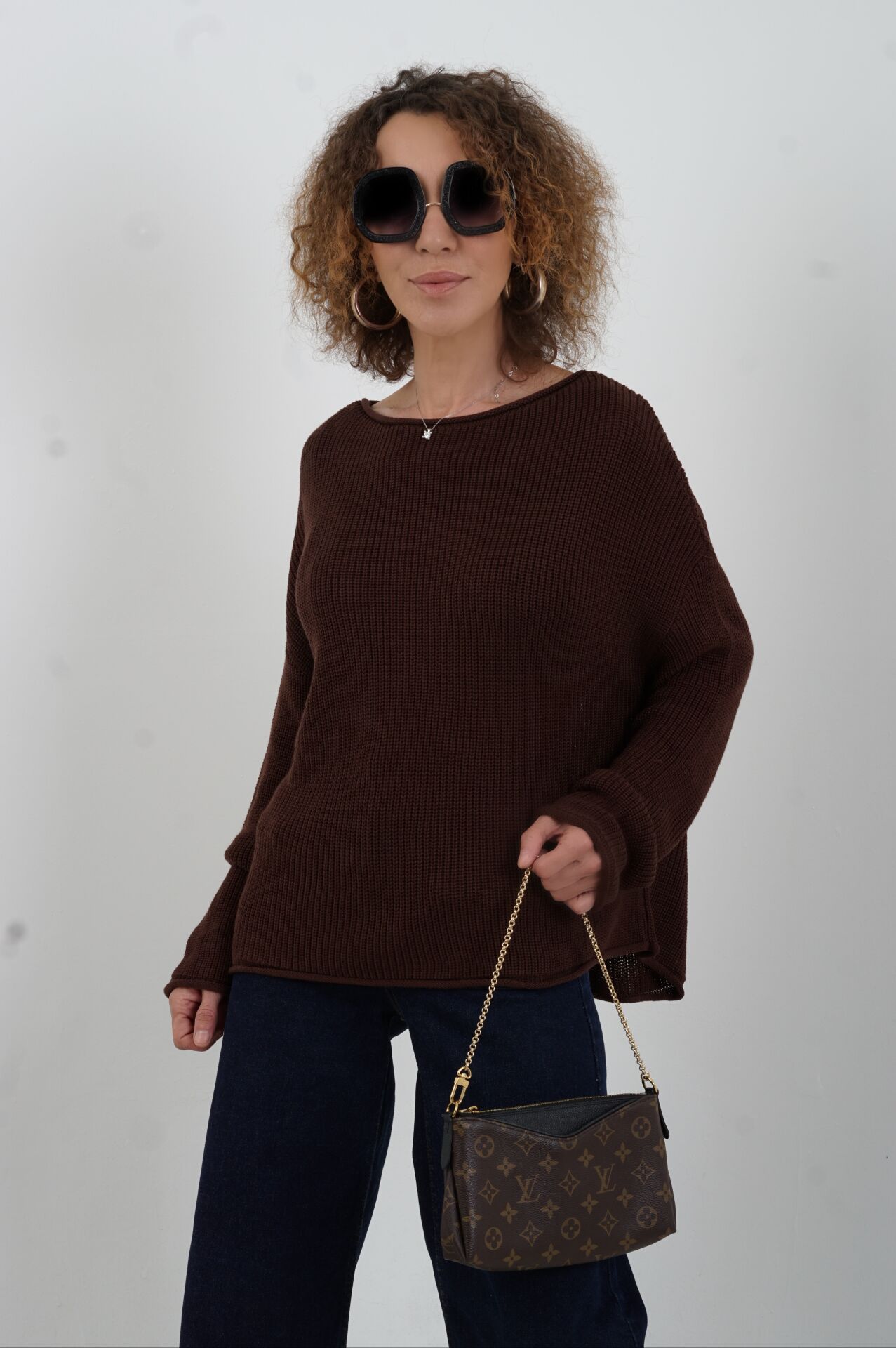 Kahve Kayık Yaka Basic Triko Kazak