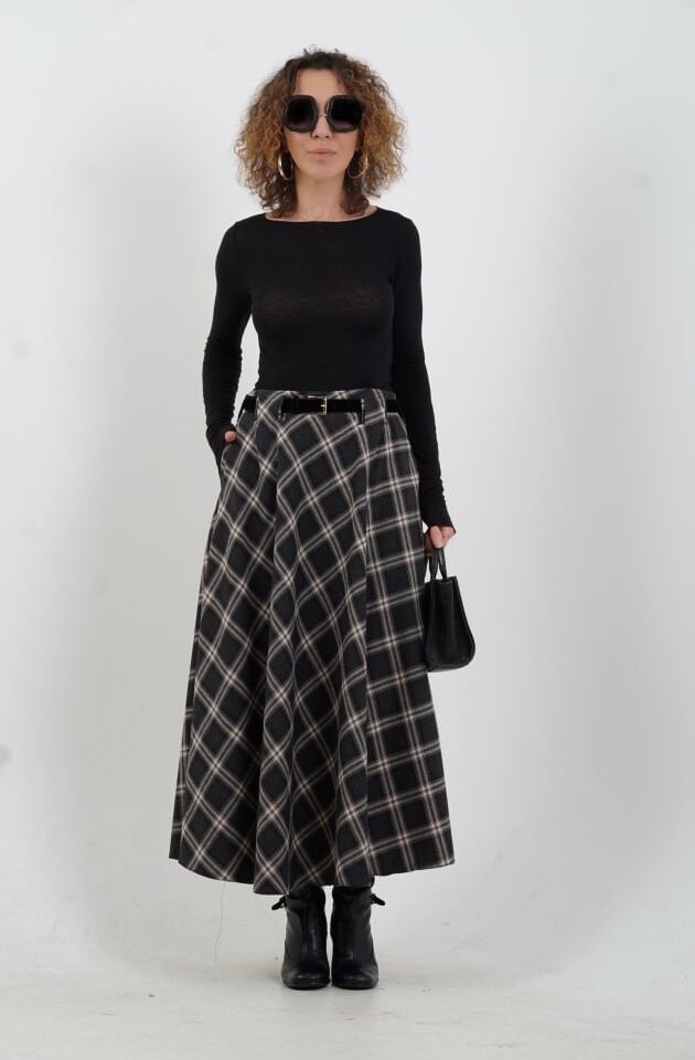 Füme Vizon Kemerli Cepli Ekose Etek