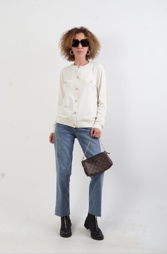 Ekru Flato Cepli Düğmeli Hırka