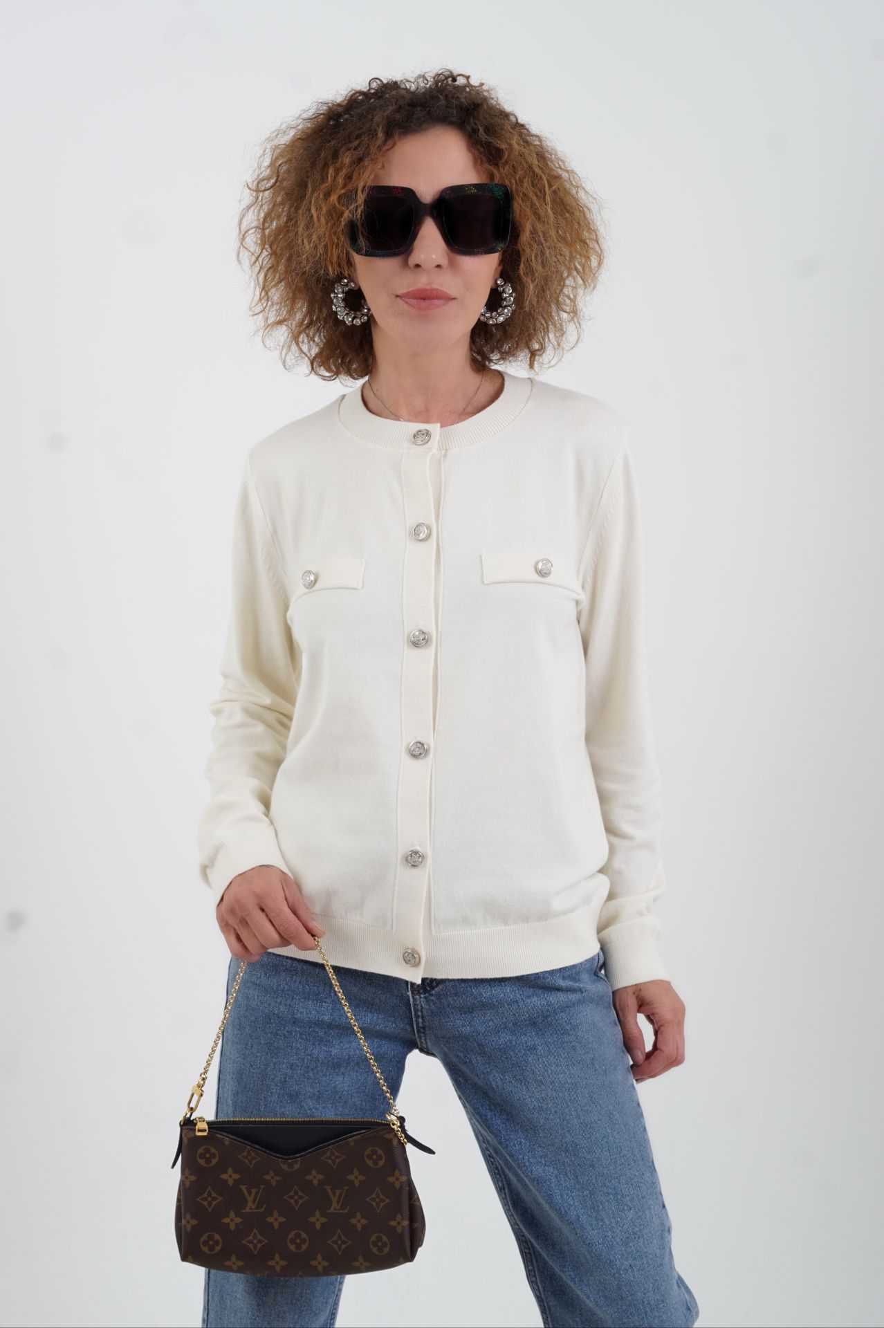 Ekru Flato Cepli Düğmeli Hırka