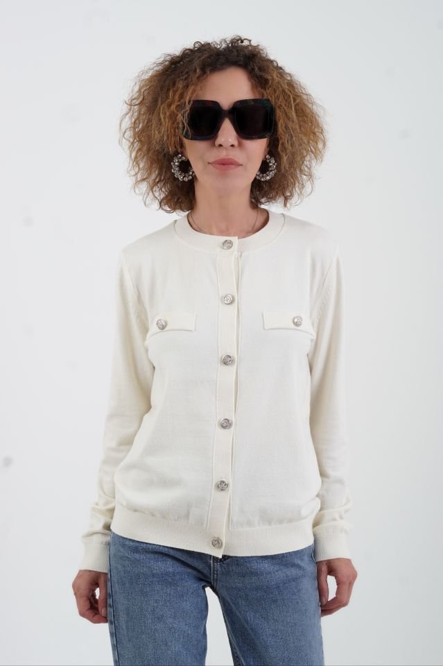 Ekru Flato Cepli Düğmeli Hırka