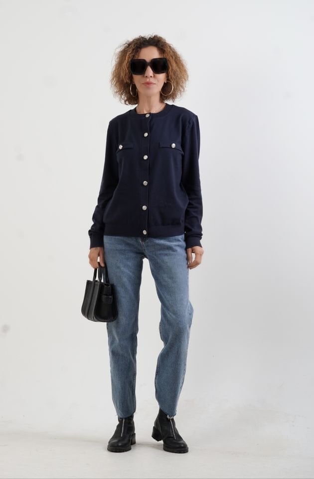 Lacivert Flato Cepli Düğmeli Hırka