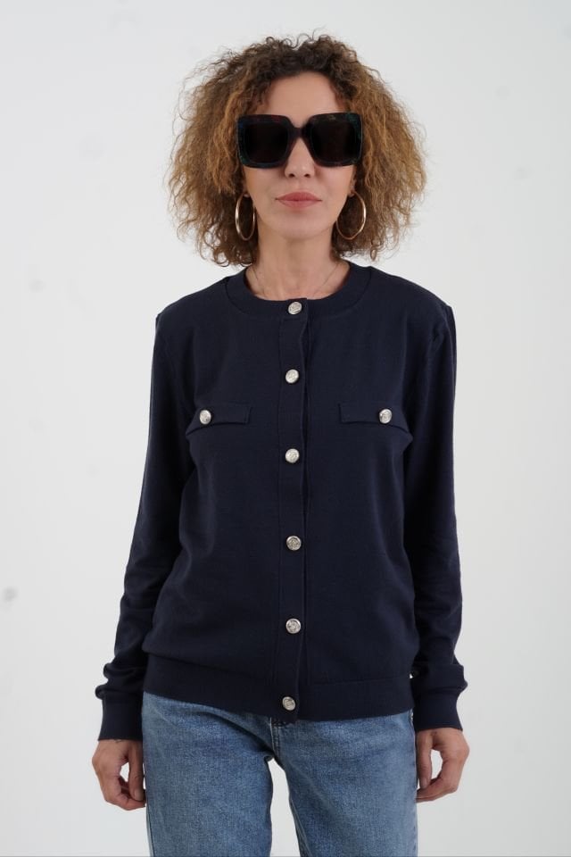 Lacivert Flato Cepli Düğmeli Hırka