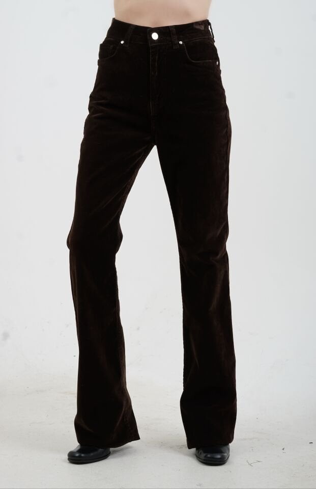 Kahve Flok Kaplama Flare Pantolon