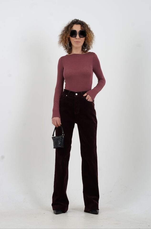 Bordo Flok Kaplama Flare Pantolon