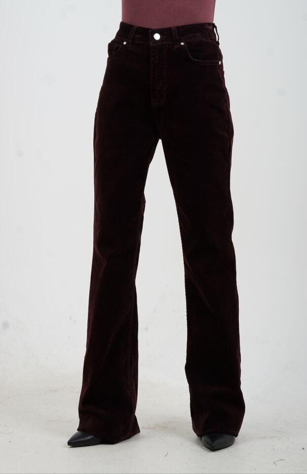 Bordo Flok Kaplama Flare Pantolon