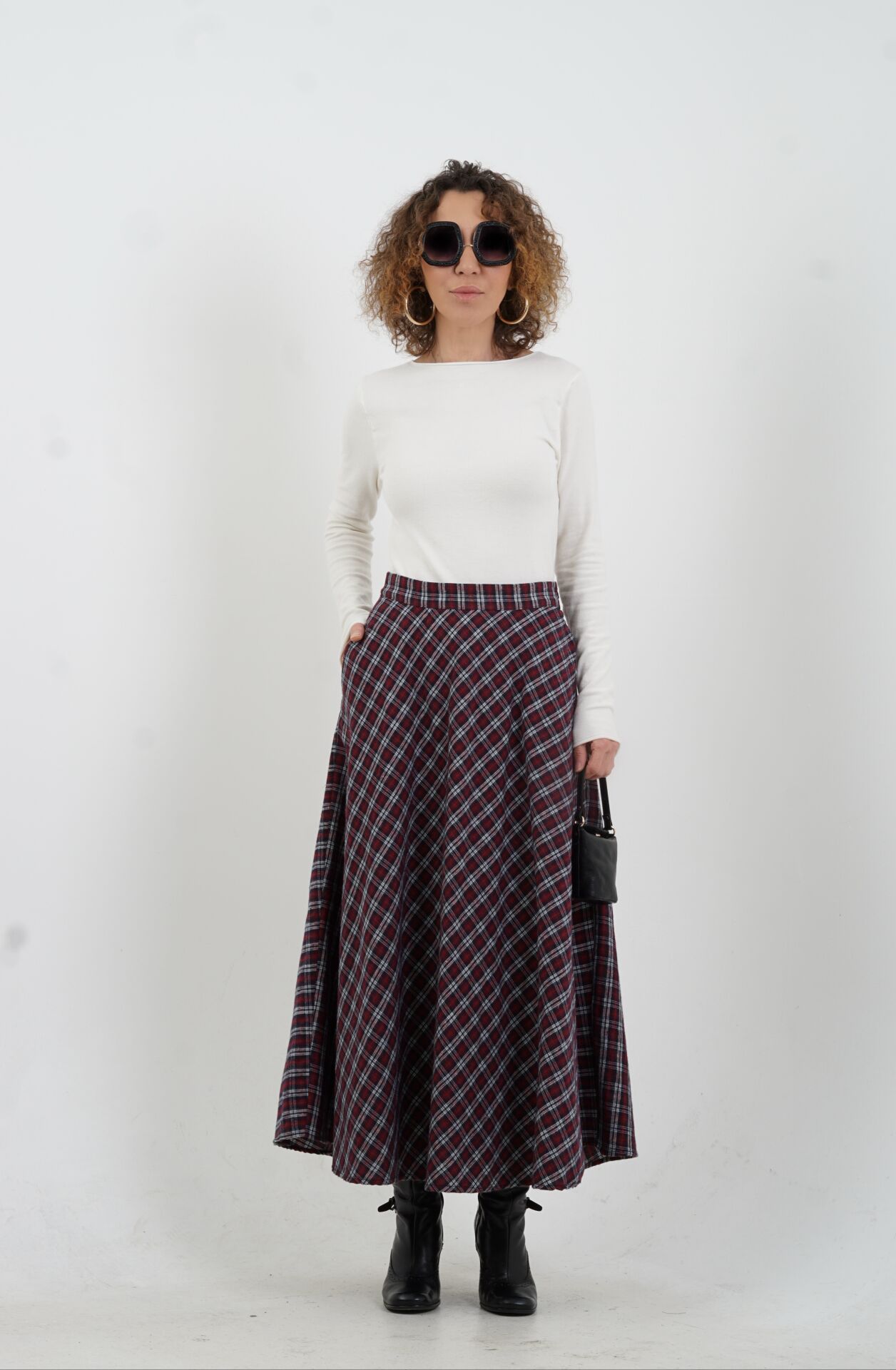 Bordo Küçük Ekoseli Cepli Etek