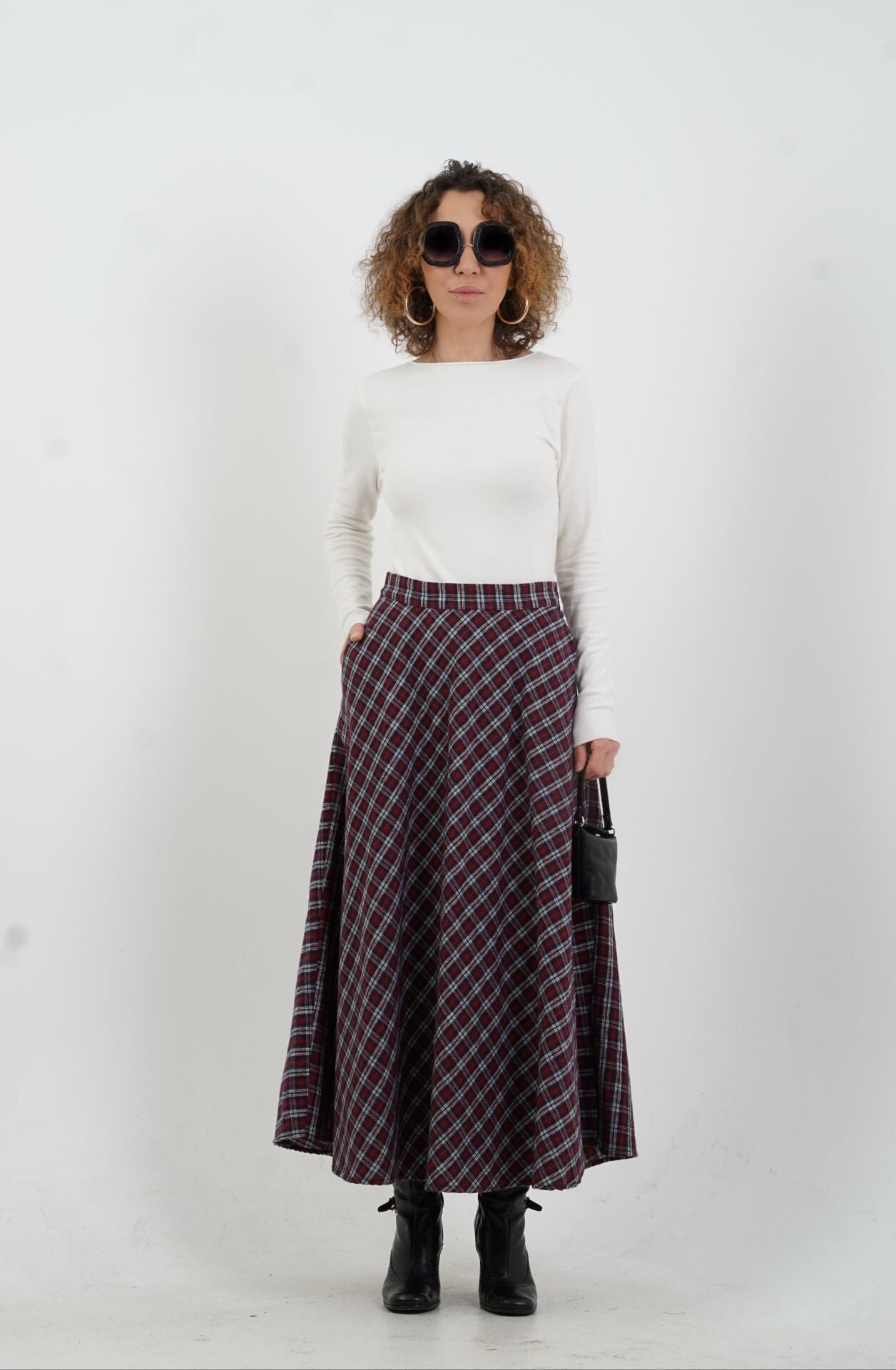 Bordo Küçük Ekoseli Cepli Etek