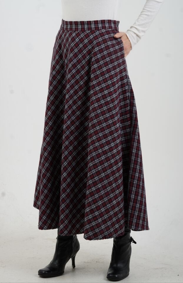 Bordo Küçük Ekoseli Cepli Etek