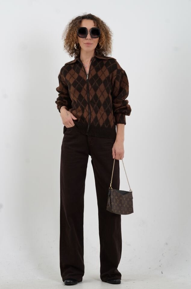 Kahve Baklava Desen Polo Yaka Hırka