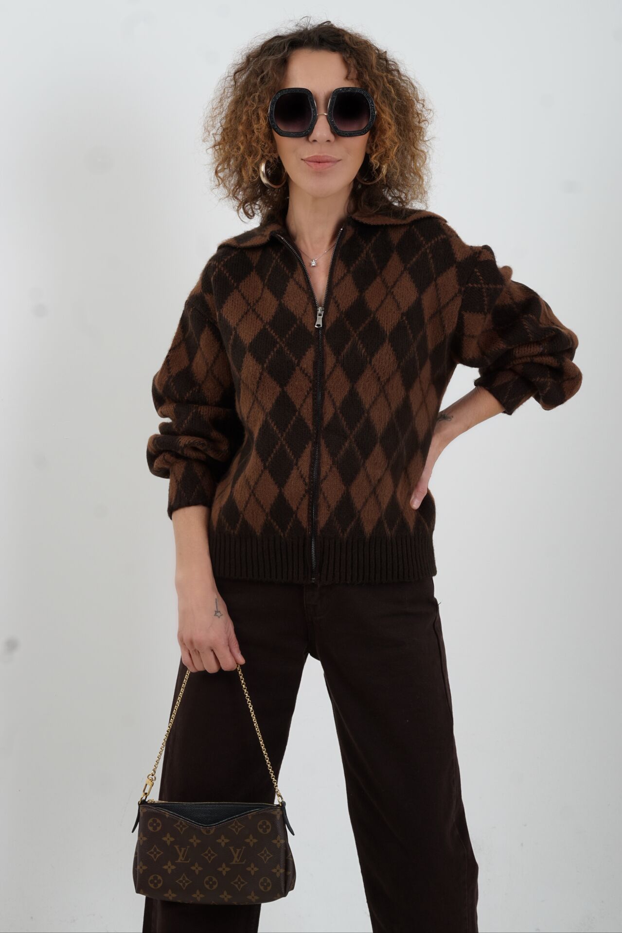 Kahve Baklava Desen Polo Yaka Hırka