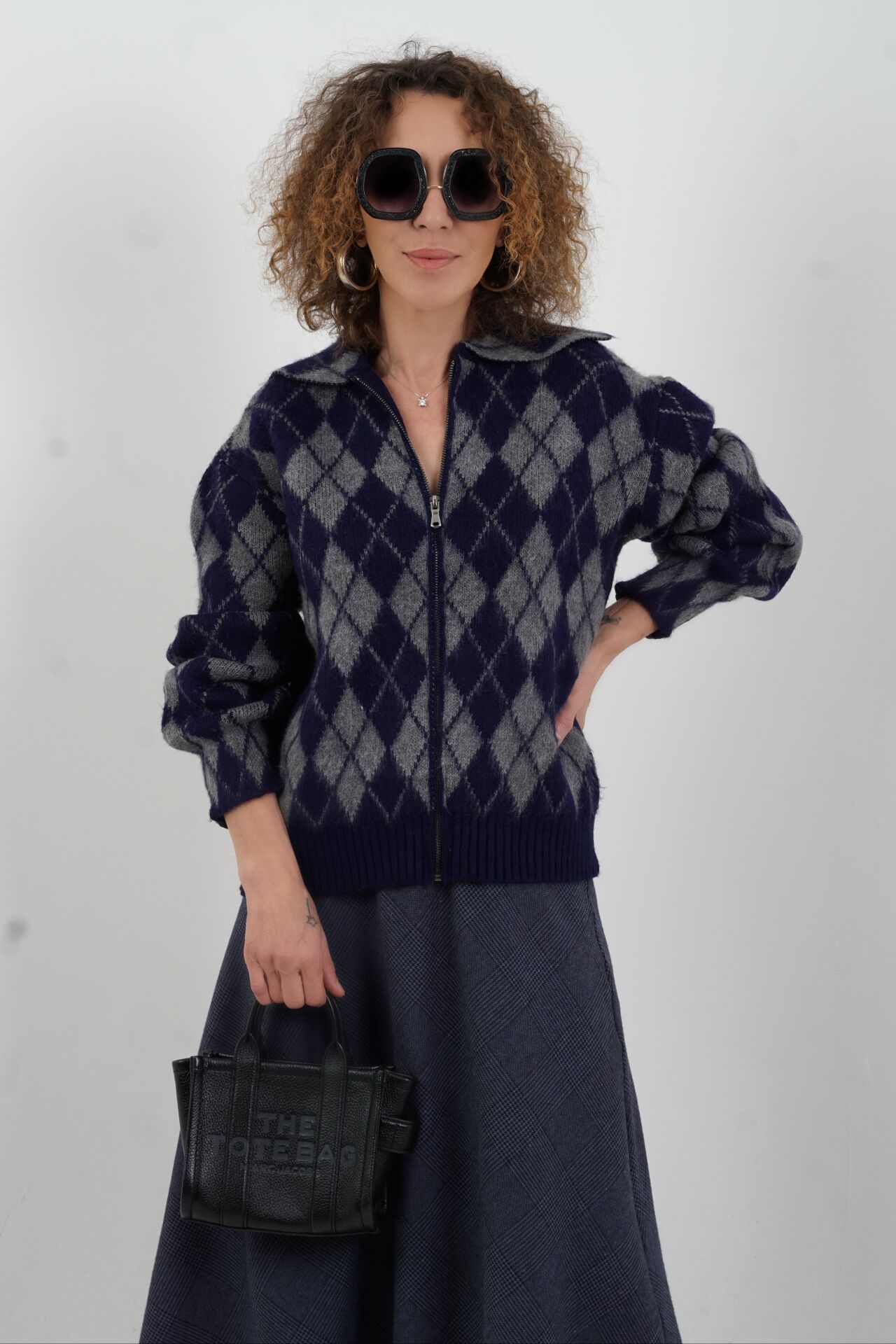 Lacivert Gri Baklava Desen Polo Yaka Hırka