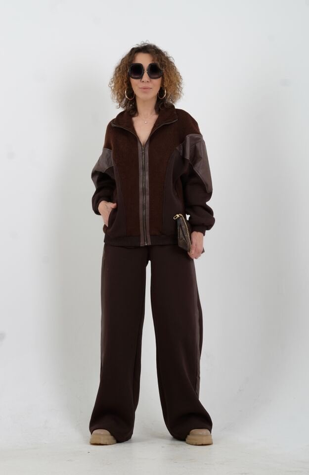 Acı Kahve Triko Ve Suni Deri Garnili Takım