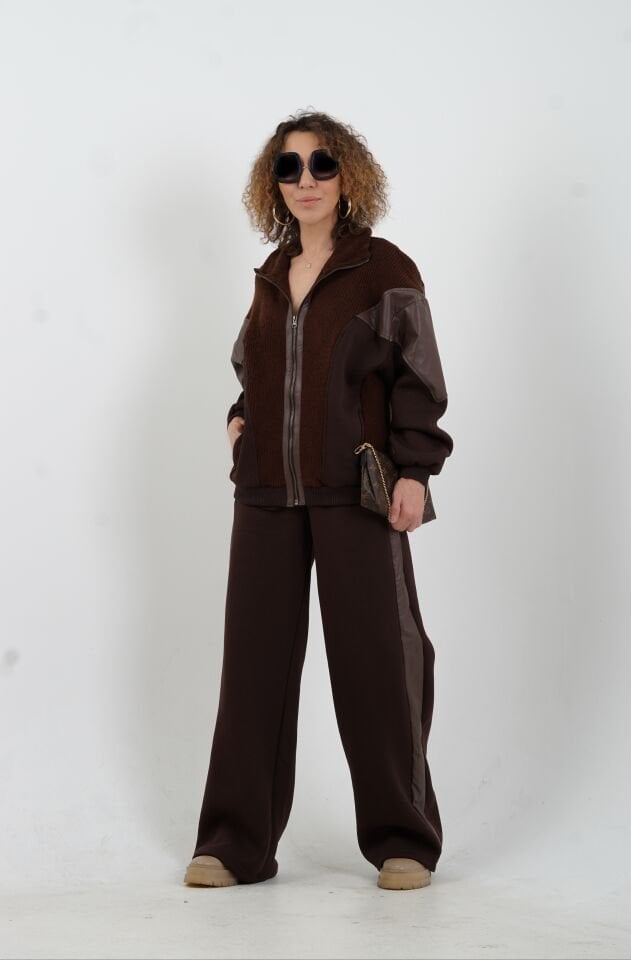 Acı Kahve Triko Ve Suni Deri Garnili Takım