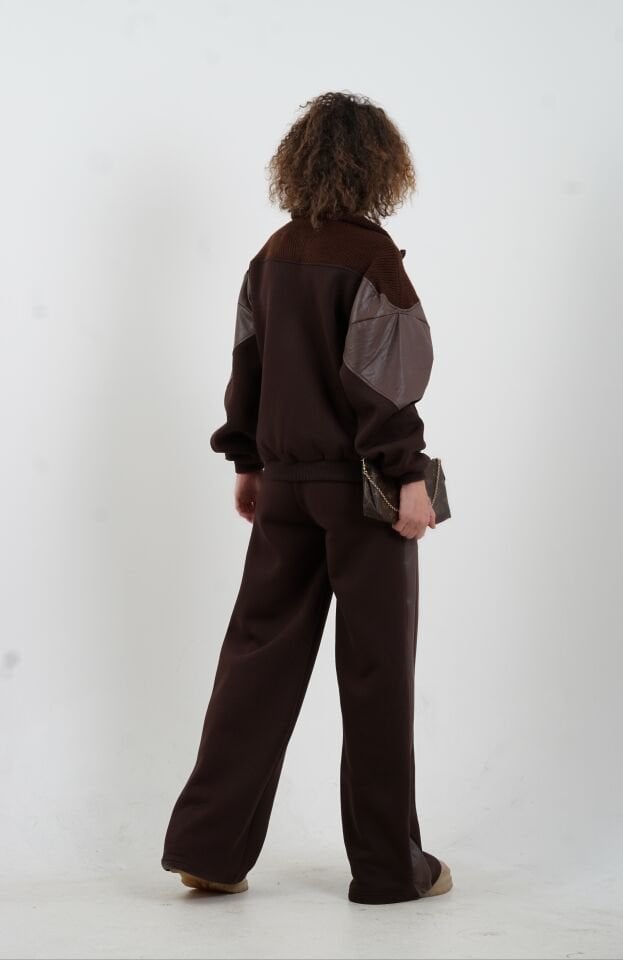 Acı Kahve Triko Ve Suni Deri Garnili Takım