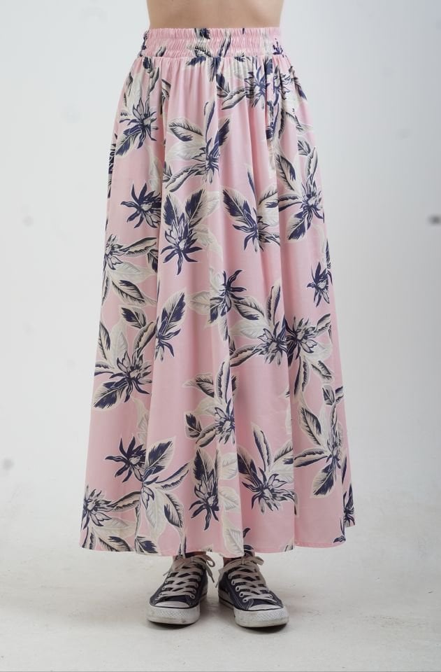 Pembe Çiçek Desenli Beli Lastikli Uzun Etek