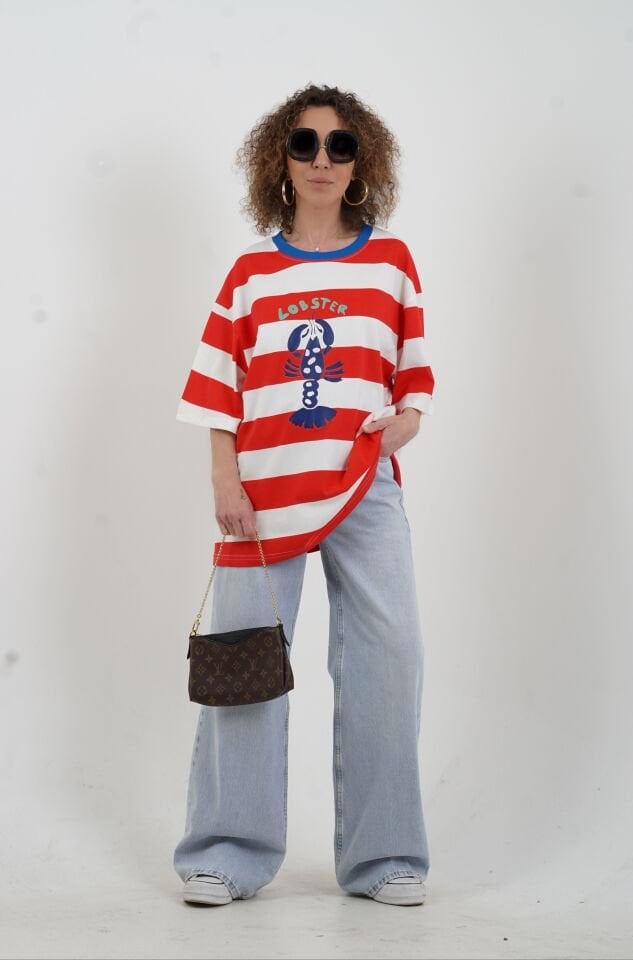 Kırmızı Çizgili Lobster Baskılı Oversize Tshirt