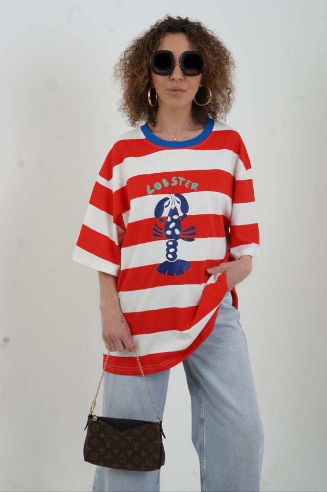 Kırmızı Çizgili Lobster Baskılı Oversize Tshirt