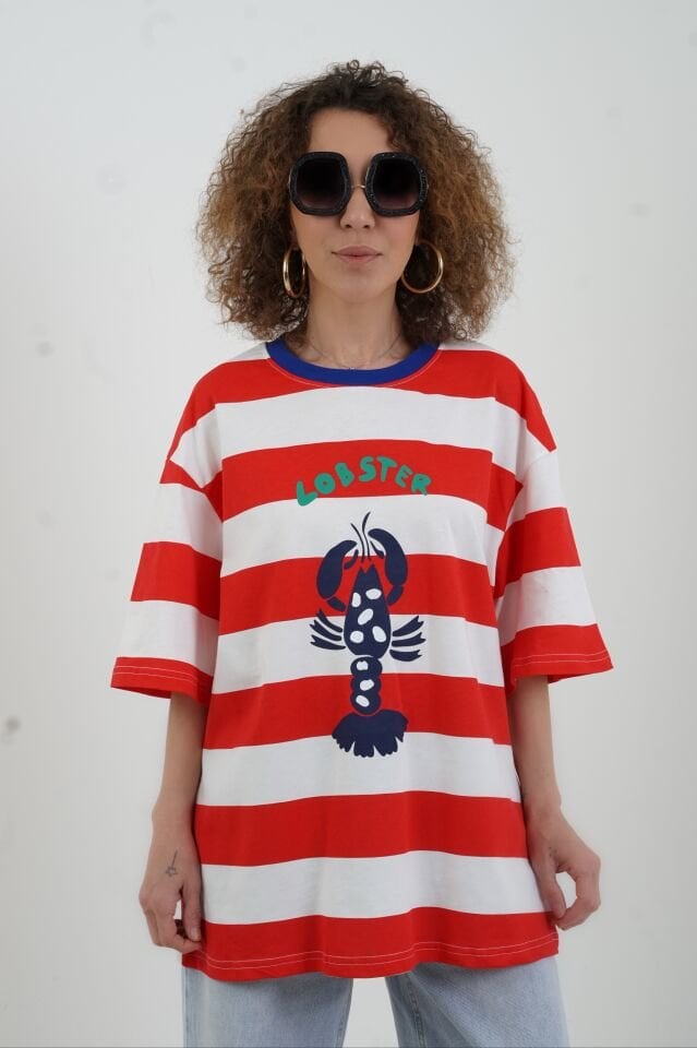 Kırmızı Çizgili Lobster Baskılı Oversize Tshirt