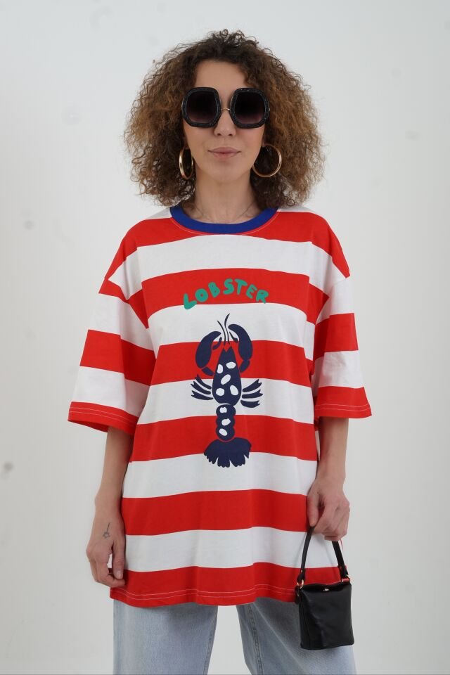 Kırmızı Çizgili Lobster Baskılı Oversize Tshirt