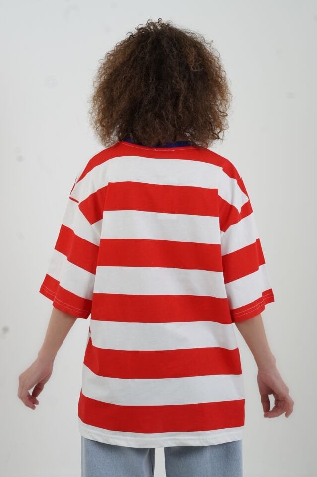 Kırmızı Çizgili Lobster Baskılı Oversize Tshirt