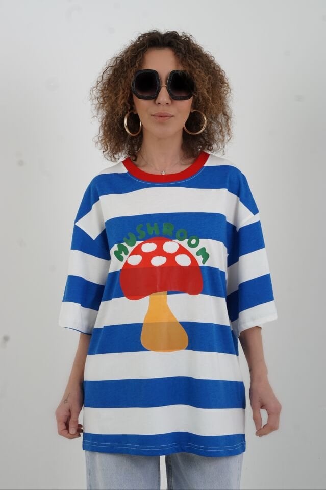 Mavi Çizgili Mushroom Baskılı Oversize Tshirt