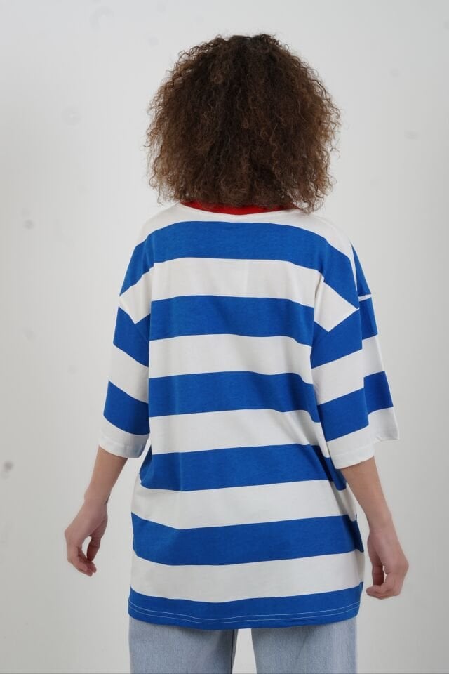 Mavi Çizgili Mushroom Baskılı Oversize Tshirt