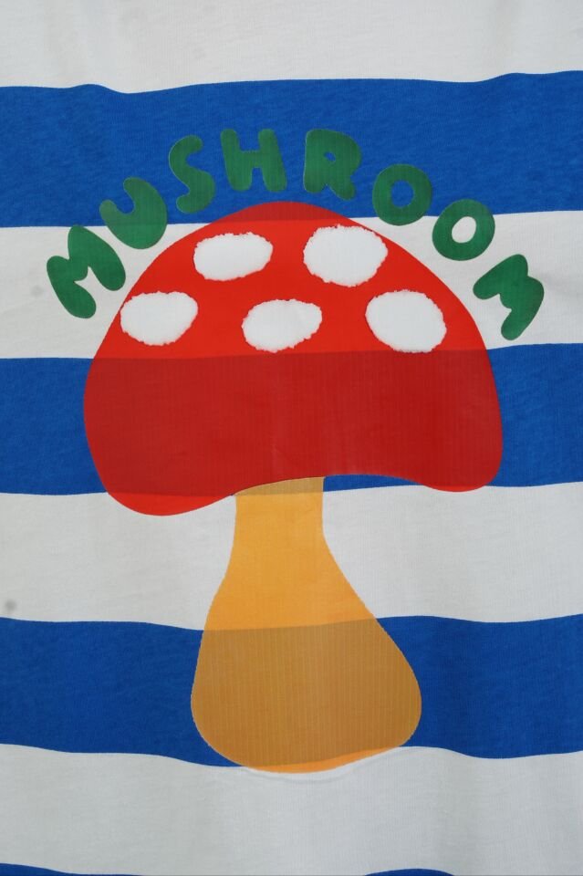 Mavi Çizgili Mushroom Baskılı Oversize Tshirt