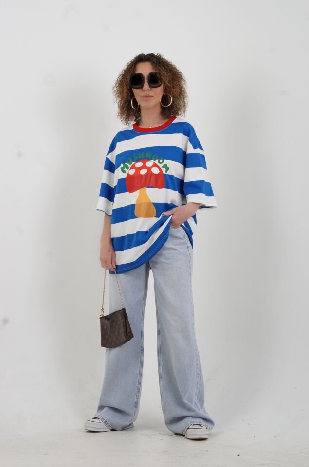 Mavi Çizgili Mushroom Baskılı Oversize Tshirt